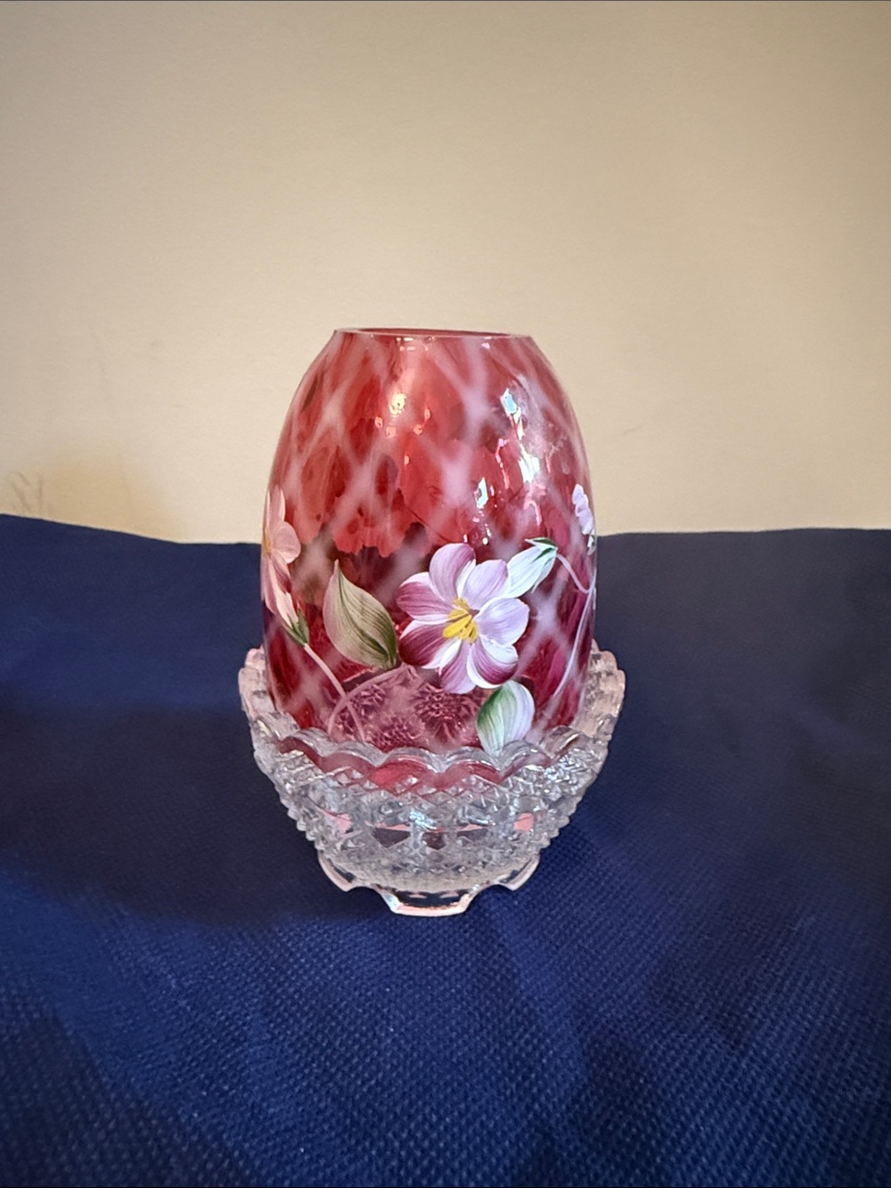 RESERVED Fenton Cranberry Swirl Vase with Hand-Painted Floral Motif